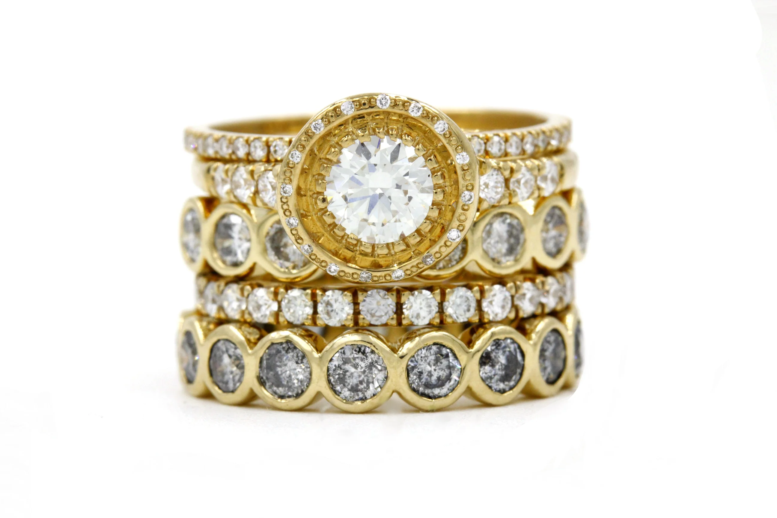 The Wallace: 14k Gold Hammered Salt and Pepper Diamond Eternity Band - Mitchell's Manufacturing Jewel
