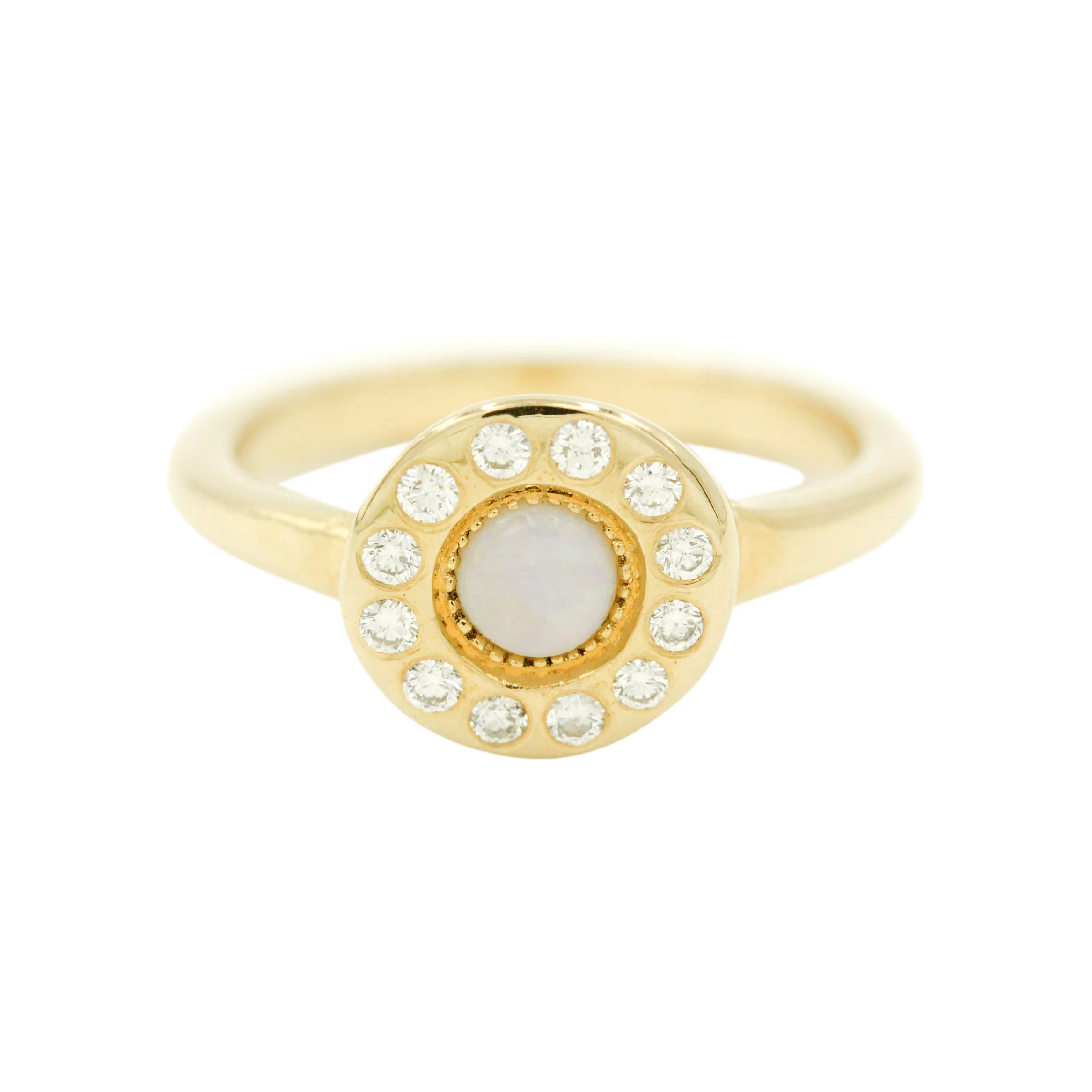 The Gala Ring: A 14k Gold Opal and Diamond Halo - Mitchell's Manufacturing Jewel