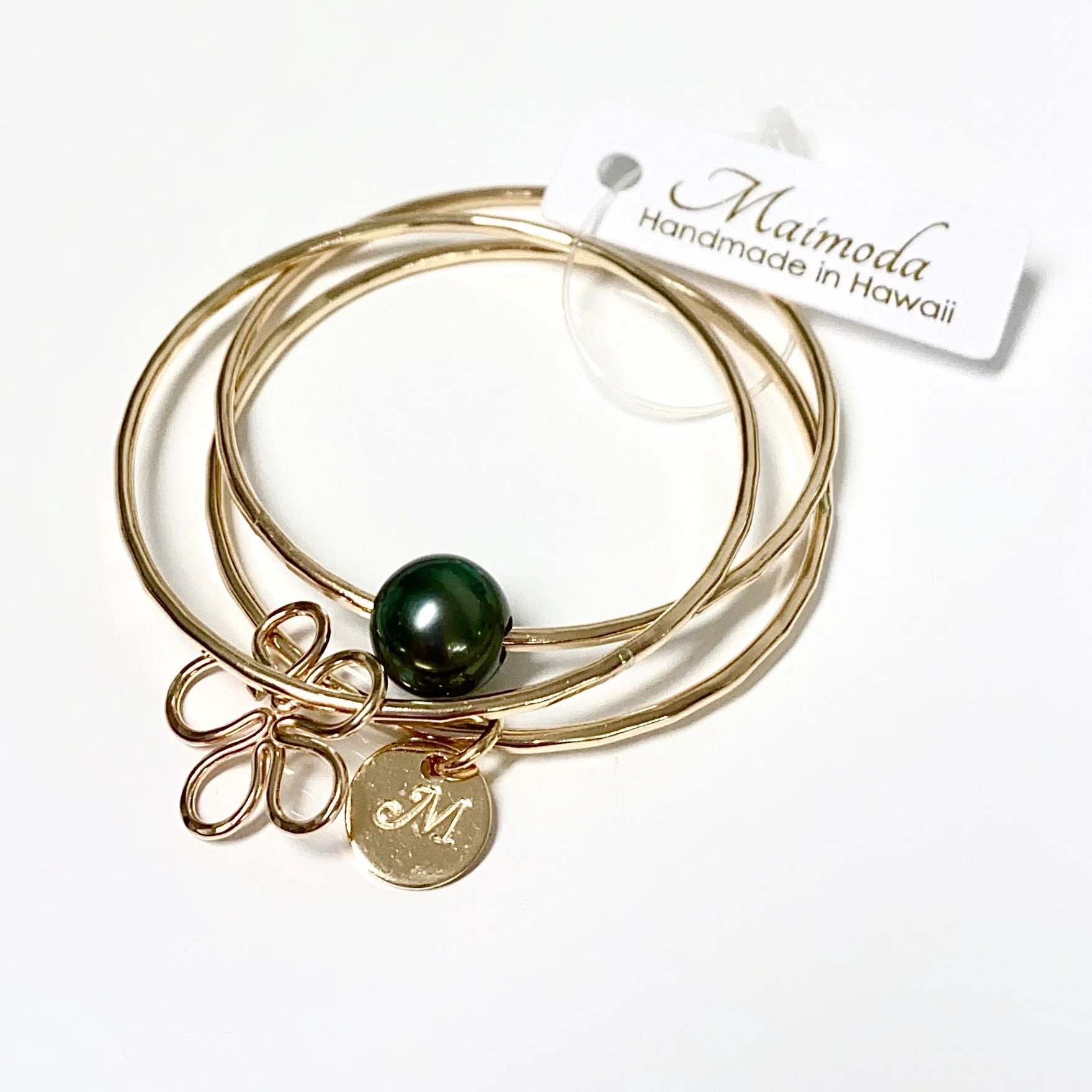 PUA bangles set - baby plumeria & tahitian pearl (B419) - Mitchell's Manufacturing Jewel